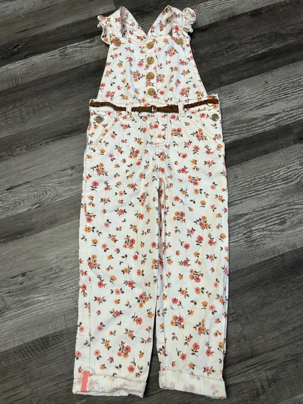 Source Unknown White Floral Denim Overalls with Pink & Peach Blossoms